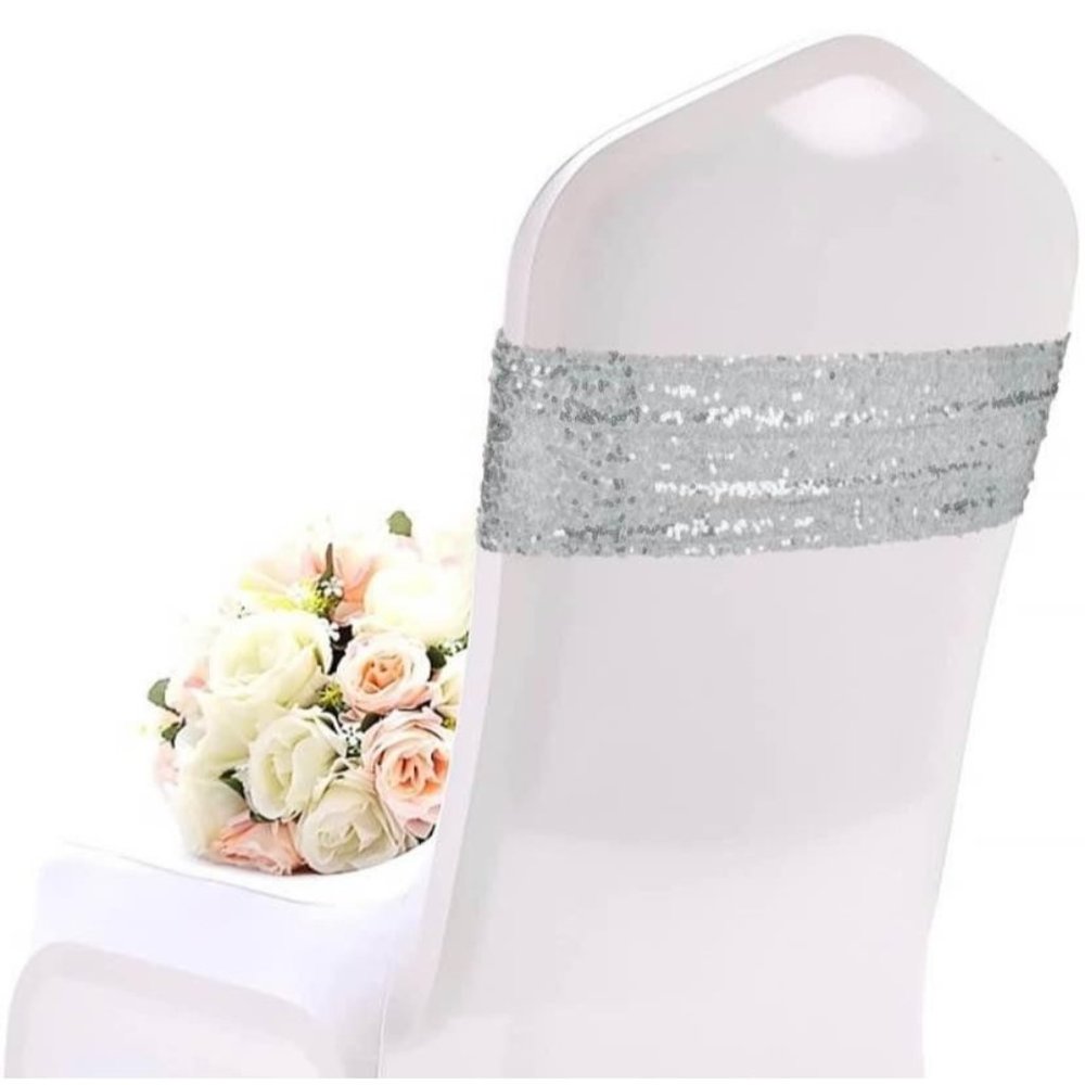 50 pieces | Silver Sequin Chair Sashes Stretch Spandex Bands Sparkling Wedding
